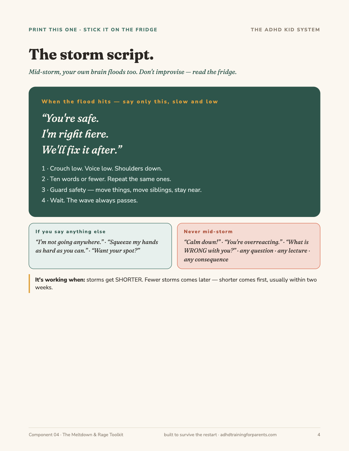 The storm script page — what to say mid-meltdown, printed for the fridge
