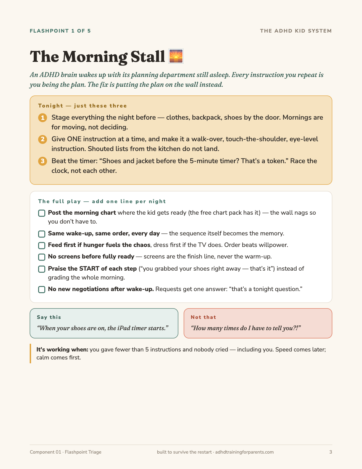 The Morning Stall protocol page — the TONIGHT box with three moves, the full play checklist, and say this / not that cards