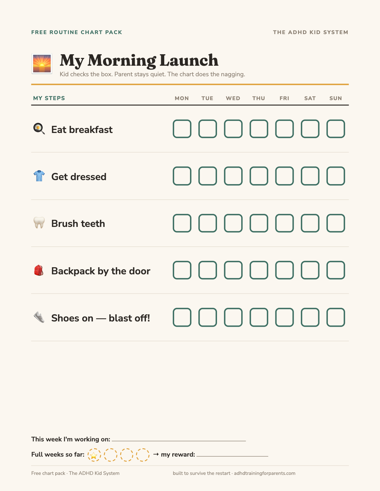 My Morning Launch routine chart with five kid-checkable steps across the week